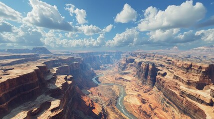 Wall Mural - AI-generated landscape of a vast canyon, with jagged cliffs and a winding river running through under dramatic clouds.