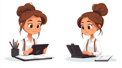 Poster - Businesswoman Calculating Invoices Clipart Set - Simple Colorful Illustrations on White Background