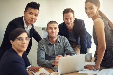 Aufkleber - Discussion, portrait and teamwork in office, laptop and email with feedback for project and diversity. Confident, market analyst and review of assignment, smile and people with documents and USA