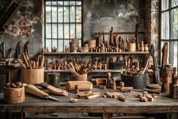 A rustic workshop filled with various wooden tools, projects, and materials, creating a warm and creative atmosphere.