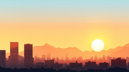 Stunning urban sunset a vibrant city silhouette against golden mountains and a beautiful horizon at dusk