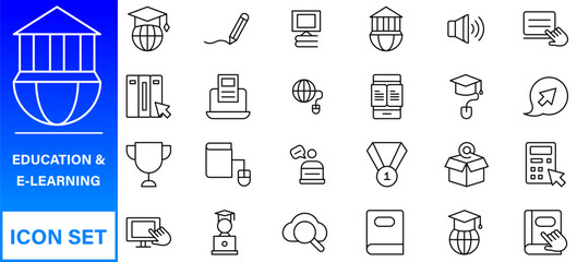 Poster - E-learning, online education elements - minimal thin line web icon set. Outline icons collection.