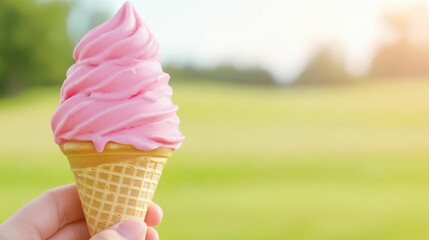 A pink soft-serve ice cream cone is held up outdoors, with a bright green field and sunlight in the background, symbolizing summer enjoyment..