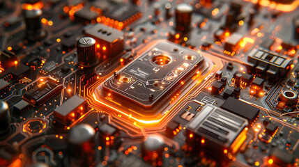 Poster - Circuit Board with Glowing Orange Lights 3D Illustration