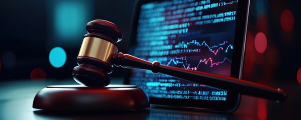 a gavel rests on a platform beside a digital screen displaying data patterns, symbolizing the inters