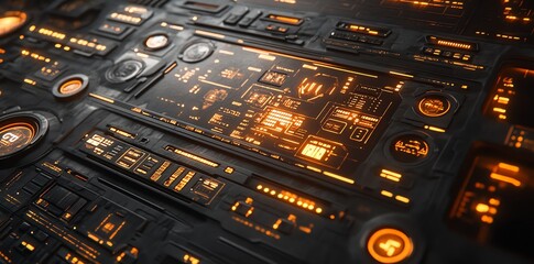 Poster - Close-up view of a futuristic technology control panel with glowing orange lights and digital displays.