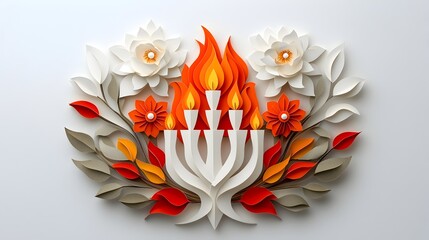 Detailed paper cut menorah with symmetrical candle flames designed for traditional Jewish decor and The intricate