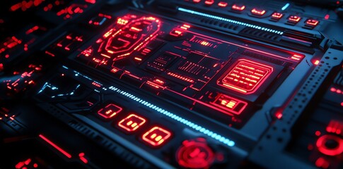 Poster - Futuristic red and blue glowing digital interface with lines and buttons.