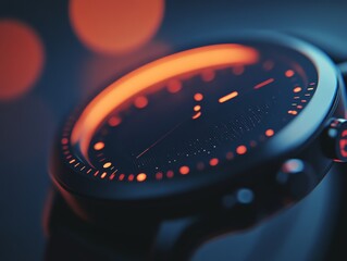 Fototapete - Close-up of a modern wristwatch with a black face and orange highlights, set against a blurred background of warm lights.