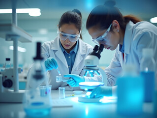 Science, microscope and innovation with a woman in a laboratory for medical research or experiment. Healthcare, medicine and a young indian engineer working in a lab for pharmaceutical development