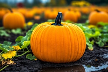 a pumpkin patch on a misty morning, with vines trailing across the ground