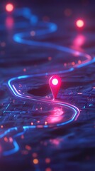 Poster - Neon map with location pin in futuristic style, navigation concept