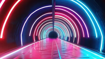 Poster - A mesmerizing neon tunnel illuminated with vibrant pink and blue lights, creating a futuristic pathway effect.