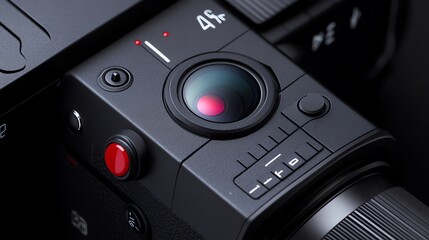 Close-up shot of a black professional camera lens with a red record button.