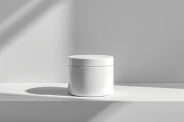 Poster - White jar mockup on a white shelf with sun light shadow.