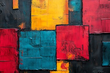 Poster - Abstract art with squares of red, yellow, blue, and black paint.