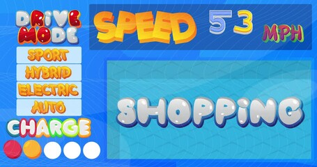  - Futuristic Car Dashboard with Shopping Text. Digital Graphical User Interface Animation.