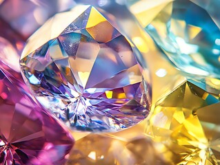 A close-up shot of colorful, faceted gemstones reflecting light.