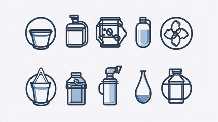 Wall Mural - line art icons of various bottles and containers in a blue color palette  on a white background.