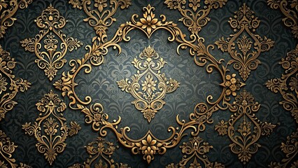 Wall Mural - A symphony of intricate golden filigree intertwines with a delicate damask pattern, creating a luxurious and timeless aesthetic.
