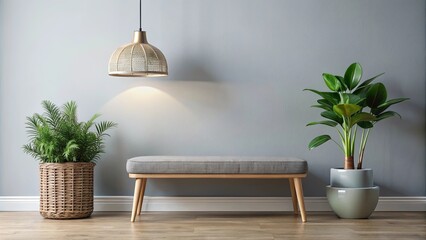 A serene interior design featuring a minimalist bench, two potted plants, and a warm overhead light casting soft shadows on the floor