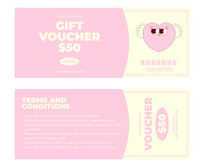 vintage love gift voucher template. cute heart character in retro groovy style. offer details, barco