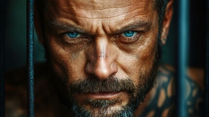 Captivating portrait of a bearded male suspect with piercing blue eyes, exuding intensity and determination behind bars.