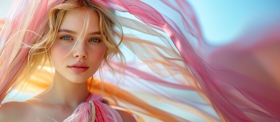 Portrait of Beautiful young caucasian blonde hair woman with colorful ribbons on a white background.