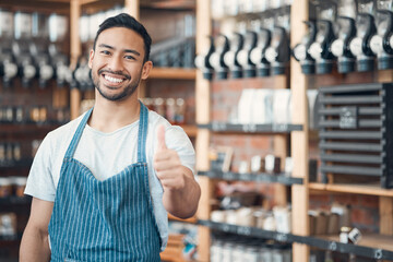 Cafe, business owner and asian man in portrait with thumbs up, achievement and success for customer service. Coffee shop, male person and barista with hand sign for good job, feedback and hospitality