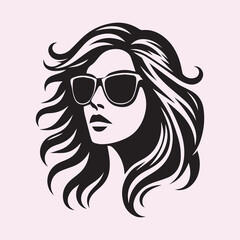 woman head logo with sunglasses silhouette vector icon black and white