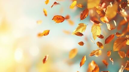 Poster - Vibrant autumn tree sheds colorful leaves, creating a serene and defocused backdrop for a perfect fall moment.