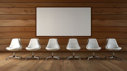 Modern conference room with a sleek design, featuring a large blank screen and stylish chairs for corporate meetings.