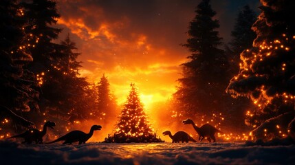 Sticker - Dinosaur silhouettes near a glowing Christmas tree at sunset.