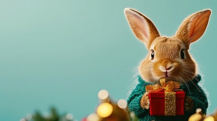 Sticker - Festive rabbit holding a gift, with Christmas decorations in the background.