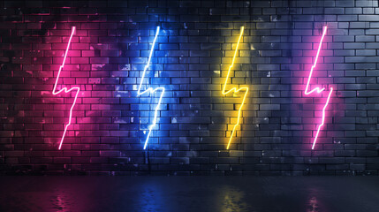 Poster - Neon lightning bolts in pink, blue, and yellow glowing on a dark brick wall