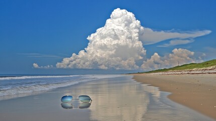 Poster - Sunglasses on a Beach with a Large Cumulus Cloud in the Sky