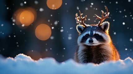 Wall Mural - Raccoon with antlers in a snowy landscape, festive ambiance with blurred lights.