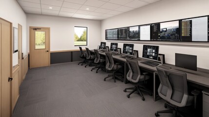 Aufkleber - Modern Office Room with Multiple Computer Workstations and Monitors Displaying Data