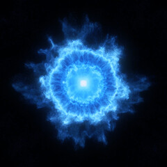 Poster - a bright blue energy field with intricate electric patterns radiating from a central core, evoking a
