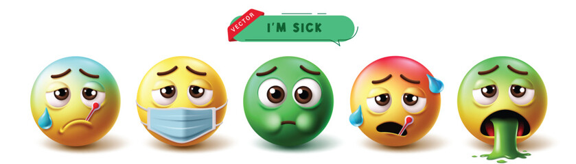 Poster - Emoji sick 3d characters vector set. Emojis icon like flu, cough, weak, nauseous and vomit emoticon collection in white background. Vector illustration illness facial expression set. 
