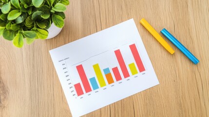 Poster - Colorful Bar Graph on Wood Table with Plant and Markers
