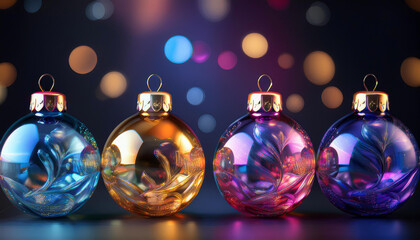 Multicolored Christmas glass decorations close up on dark background.