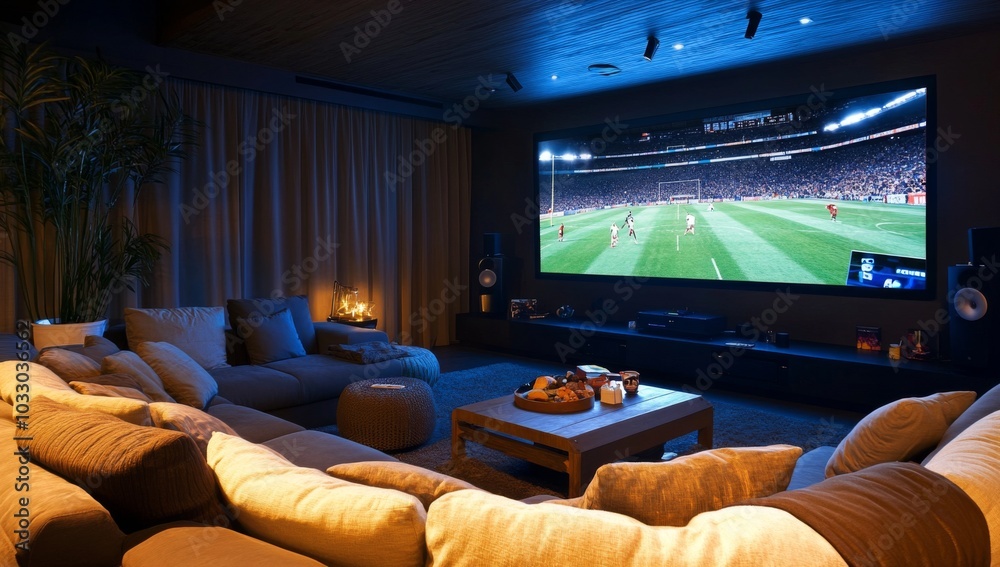 A modern home theater with a large screen displaying a football game ...