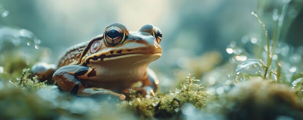 Poster - Close-up of a frog on moss in a dewy forest setting, macro photography. Wildlife and nature concept