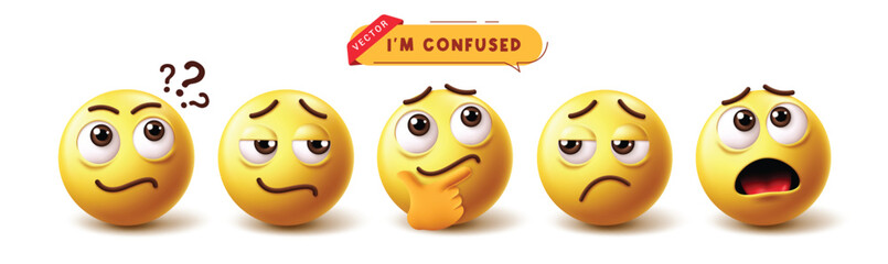 Poster - emoji confused emoticon characters vector set. emoticons thinking, ponder, accountable, ambiguous an