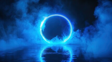 Dark neon background. Reflection of light circle on the water. Smoke fog. Light neon effect, energy waves on a dark abstract background. Laser neon show. Smoke, fog.