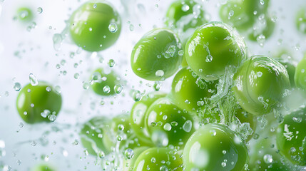 Close-up of a bunch of green peas washed under running water. Water droplets spray in different directions, creating a lively atmosphere. An ingredient for salads. An organic product