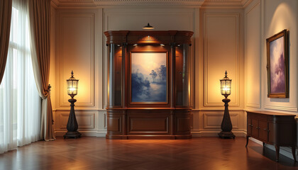 Luxurious art gallery with grand paintings and soft lighting