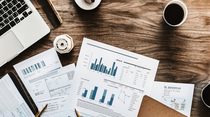 Poster - Business Documents and Graphs on Wooden Desk