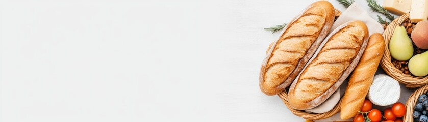 Wall Mural - Top view of freshly baked baguettes arranged with pears, cheese, nuts, tomatoes, and other fruits in wicker baskets on a white background